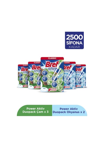 Bref WC Power Aktiv Duopack Katı Tuvalet Bloğu Çam 3 x 50 G + Okyanus Kokulu 2 x 50 G 5'li Set