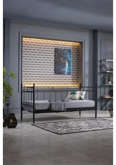 Alpas Metal Sofa Sedir 90x200 Siyah Ahşap Latalı