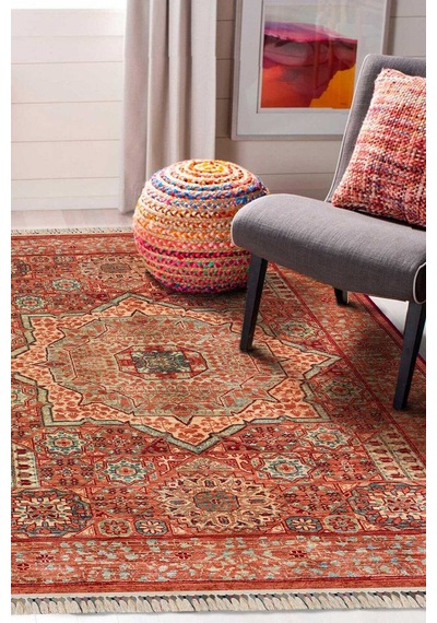 Frenda Home Vintage Desen Pamuk Taban Baskılı Yıkanabilir Halı Kırmızı