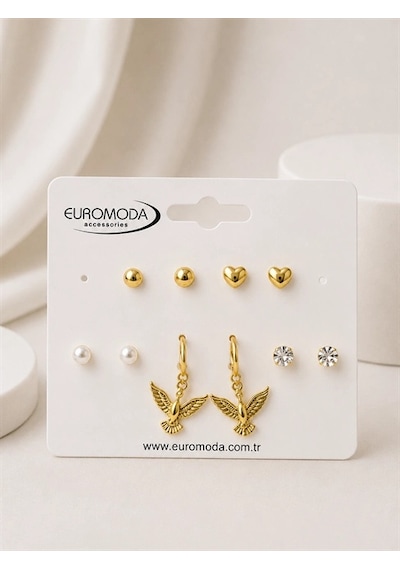 Kuş Kalp Detaylı Gold Renk 5''li Küpe Seti