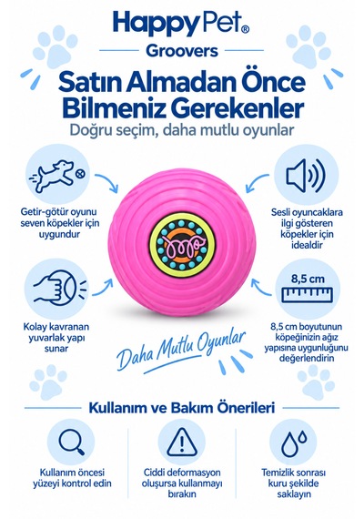 Happy Pet Groovers Tpr Dayanıklı Sesli Köpek Topu Oyuncağı 8,5 Cm Pembe