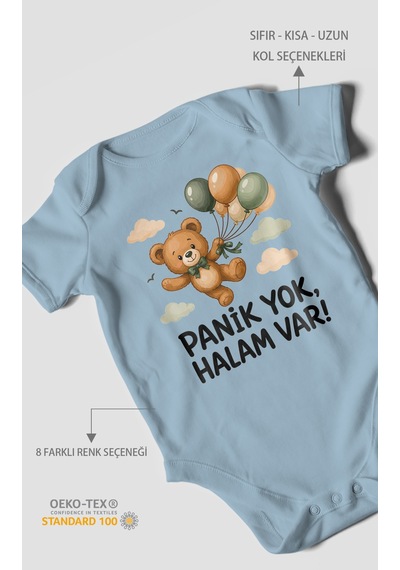 Morivokids Panik Yok, Halam Var Kısa Kollu Bebek Body %100 Pamuk Bebe Mavisi