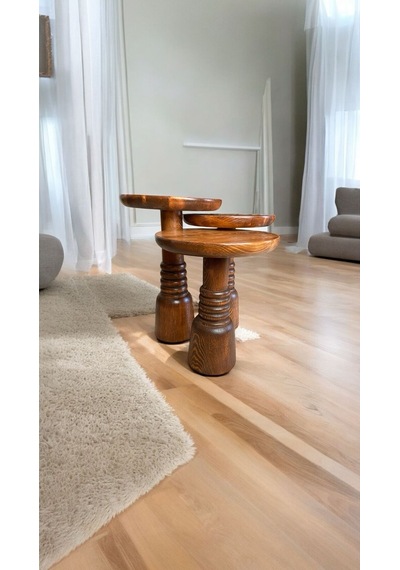 Wood Ahşap 3 Lü Set Fitilli Mantar Yan Sehpa Boğumlu Model / Açık Ceviz Renk / Zigon Sehpa Vernikli Açık Ceviz