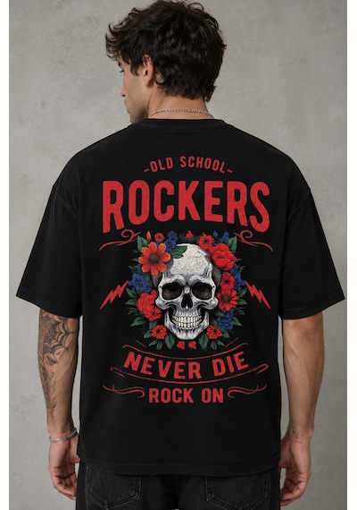 Montree Rockers Baskılı Oversize %100 Pamuk Premium Tişört Siyah