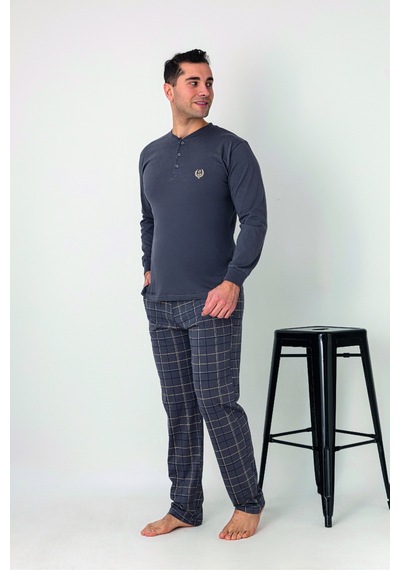 Estiva Erkek Kareli Alt Desenli Gri Uzun Kollu Patlı Penye Pijama Takımı Çok renkli