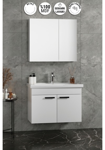 Çiğdem Kulplu 80 Cm Beyaz Mdf Seramik Lavabolu Asma Banyo Dolabı Takımı