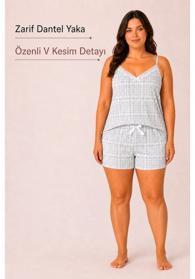 Bravie Kadın Büyük Beden İp Askılı Yakası Dantelli Ekose Desenli Gri Yazlık Pijama Takımı