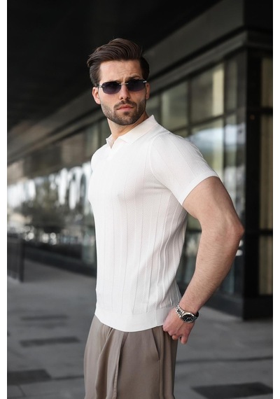 Madmext Beyaz Slim Fit Polo Yaka Triko Erkek Tişört E7491