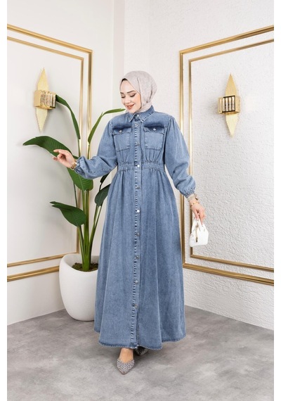 Harman Butik Kadın Düğmeli Cepli Kot Elbise Mavi Mavi