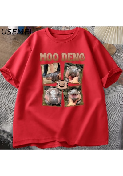 Flood Of Style Moo Deng Rap T Shirt Seviyorum Moo Deng Komik Bebek Hippo Sevgilisi T-shirt Rahat Pamuk Erkek Kırmızı