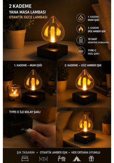 Otantik Led Masa Lambası 2 Kademeli Mum Efektli Amber Gece Lambası Type-c Şarjlı 10 Saat Çalışma Süresi
