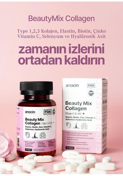 Beauty Mix Collagen Tip I,ıı,ııı +elastin,biotin,zinc, Vitamin C, Selenyum, Hyaluronic Acid, Kolajen