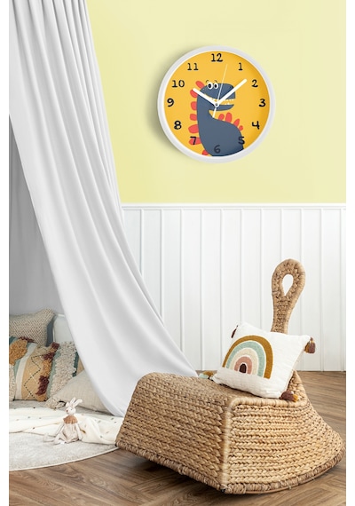 Sevimli Dinozor Çizimli Çocuk Odası Duvar Saati - 30cm - Önü Camlı Beyaz Kasa - Sessiz Mekanizma-jh1057 Beyaz