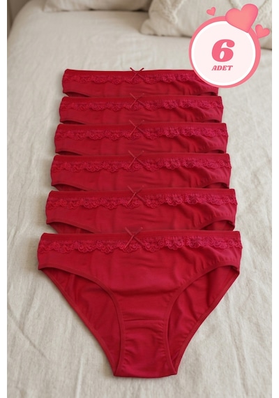 Mataş Kadın 6'lı Paket Dantel Detaylı Pamuklu Bikini Külot Esnek İz Yapmaz Yumuşak İç Çamaşırı Kırmızı