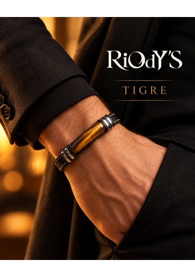 Riody's Tigre Erkek Bileklik Doğal Kaplan Gözü Taşlı Siyah Deri Çelik Detaylı Manyetik Kilit Kahverengi