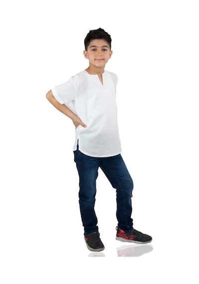 Eliş Şile Bezi Kısa Kol Şile Bezi Bisiklet Yaka Erkek Çocuk Tshirt Beyaz 3001