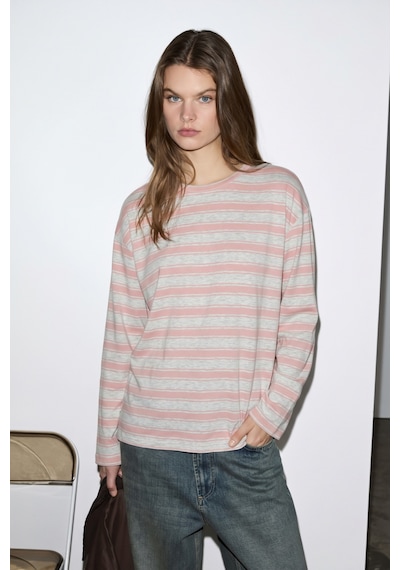 Grımelange Basıl Kadını Oversize %100 Organik Pamuk Örme Uzun Kol Pembe Çizgili T-shirt