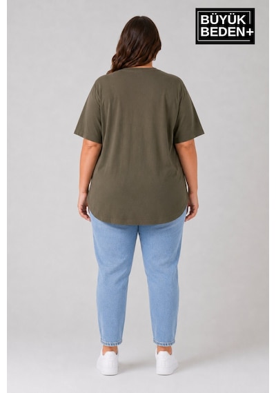 Superlife Süperlife Büyük Beden Kadın Bisiklet Yaka Basic Oval Etek Detalylı 3xl-6xl Uzun Tunik Spr26btsk502 Haki