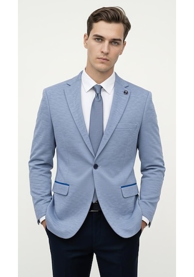 Plus Scorpion Erkek Slim Fit Ceket Kol Yamalı Çift Yırtmaç Mikro Desenli Blazer Indigo