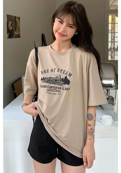 Unisex Age Of Steam Baskılı Tasarım Tshirt Bej