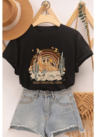 Unisex Good Things Will Come Baskılı Tasarım Tshirt Siyah Unisex Good Things Will Come Baskılı Tasarım Tshirt Siyah