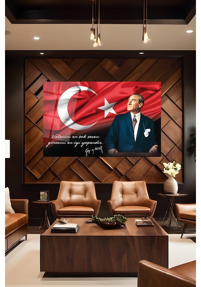 Atatürk Portre Ve Türk Bayrağı Vatanını En Çok Seven Görevini En İyi Yapandır Cam Tablo Evlika, Hediyelik