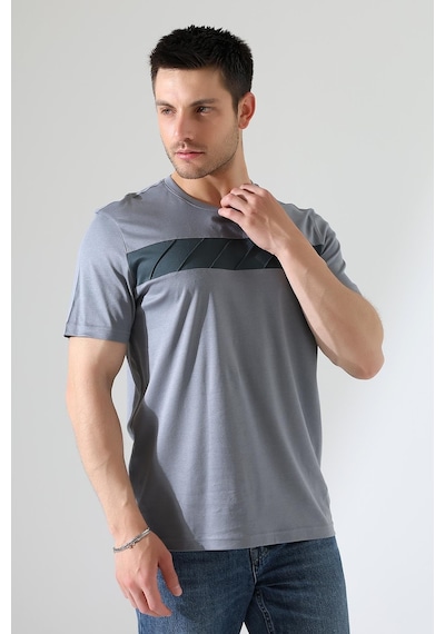 Erkek İki Renk Parçalı Bisiklet Yaka T-shirt - Pamuklu Tişört Gri