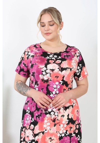 Mooi Xxl Kadın Pembe Somon Kırçiçeği Desen Midi Elbise Pembe