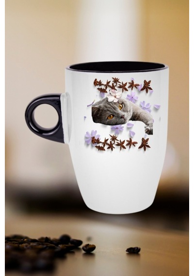 Sevimli Kedi Baskılı Kupa Bardak Porselen Latte Filtre Kahve Fincanı Siyah