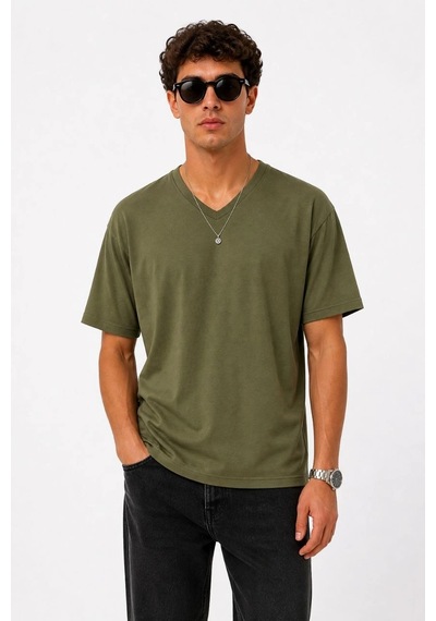 Erkek V Yaka Basic Tişört Kısa Kol Yazlık Regular Fit T-shirt - Haki Çok Renkli