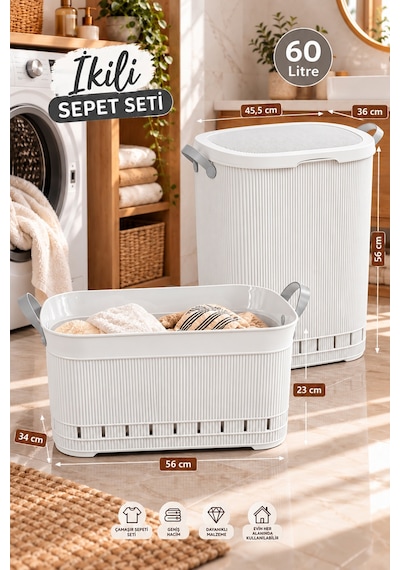 Porsima İkili Çamaşır Sepeti Seti 60 Litre Kapaklı Kirli Çamaşır Sepeti Ve Köşeli Still Çamaşır Sepeti Beyaz