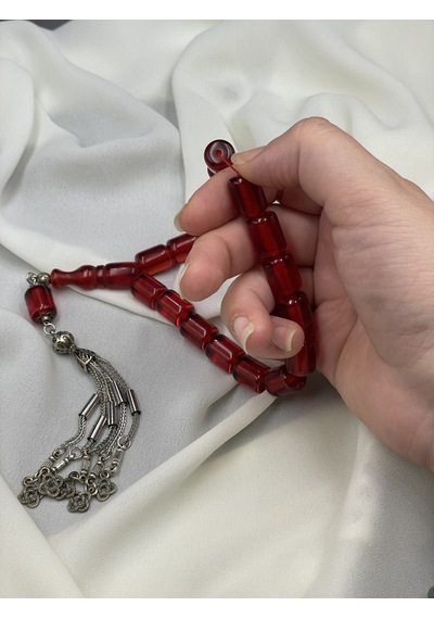Efe Boy Alpaka Çoklu Püsküllü Çubuk Kesim Kırmızı Ateş Kehribar Tesbih 11x14 Mm
