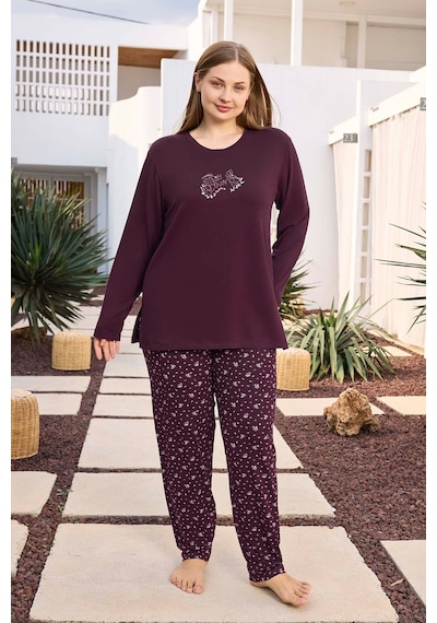 Aydoğan Kadın İnci Büyük Beden Vişneçürüğü Pijama Takımı 0498 Bordo