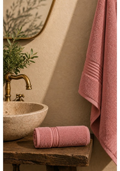 50x90 Pamuklu El Yüz Havlusu Yumuşak Dokulu Yüksek Su Emici Banyo Havlusu Dekoratif Bordürlü Günlük Kullanım Pembe
