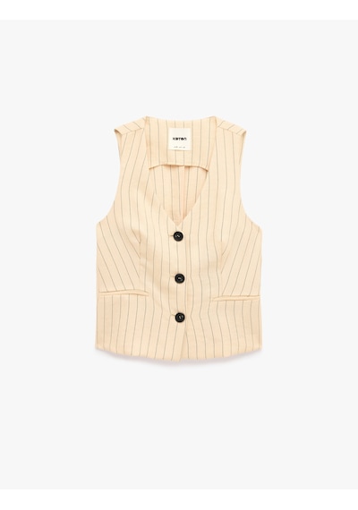 Koton V Yaka Düğmeli Çizgili Blazer Yelek Bej Çizgili 6sak20062pw Ekru