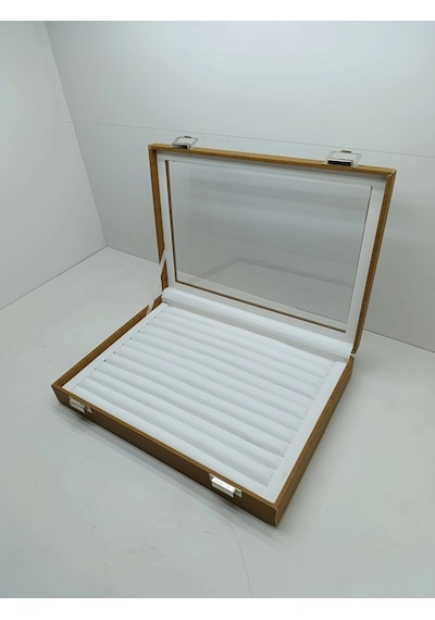 Cam Kapaklı Deri Kumaş Kahve-beyaz Renk 34 Cm / 24 Cm Sosisli Yüzük Sergileme Standı