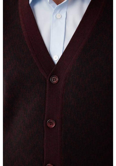 Erkek Koyu Bordo Regular Fit Desenli Yün Karışımlı Triko Yelek