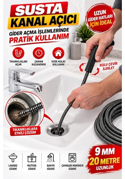 9 Mm 20 Metre Susta Kanal Açıcı Spiral Manuel Gider Açma Teli, Lavabo Mutfak Banyo Tıkanıklık Aç