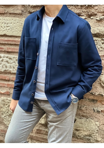 Oversize Gabardin Pamuklu Hediye Kutulu Erkek Ceket Gömlek Fs-003868 - Lacivert-2552