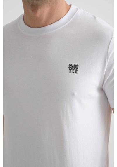 Shooter Sportwear Shooter Erkek Pamuklu Esnek T-shirt Standart Kalıp Minimal Logolu Beyaz