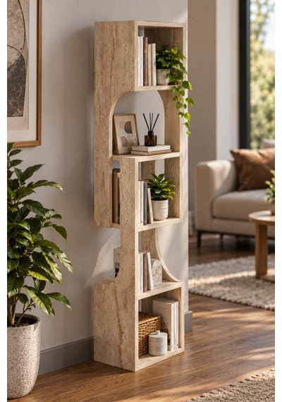 Sulorahome 5 Katlı Modern Dekoratif Ahşap Kitaplık Ve Raf Ünitesi Mermer