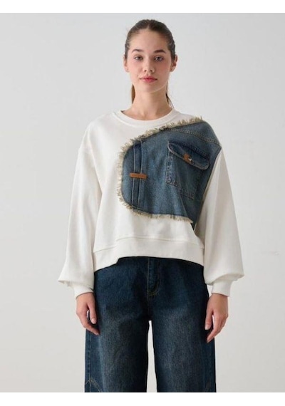 Kız Çocuk Mevsimlik Önü Denim Garni Cepli 3 İplik Sweatshirt-14773 Ekru