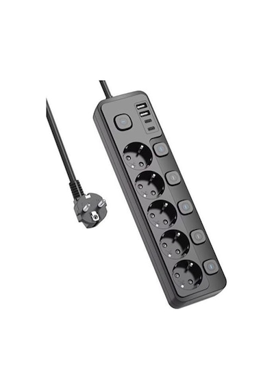 Akım Korumalı Uzatma Kablosu, 5 Priz Ve 4 Usb Girişi İle 2 Metre