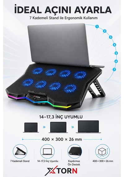 Torn Rgb Laptop Soğutucu 8 Fanlı Ayarlanabilir Standlı Notebook Soğutucu