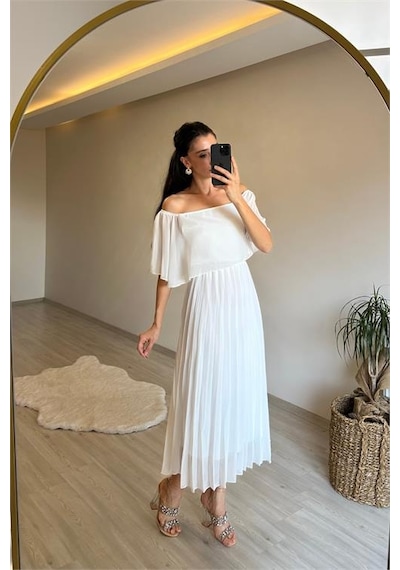 Neşeli Butik Kadın Omzu Açık Piliseli Midi Şifon Elbise Nm006 Beyaz
