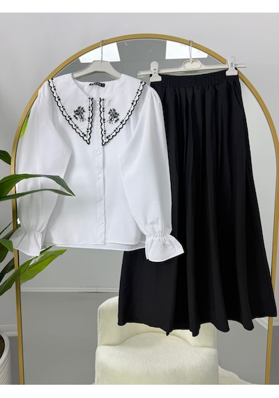 Lovie Moda Nakışlı Bebe Yaka Bluz Jakar Etekli Takım Beyaz