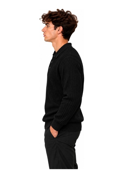 Erkek Polo Yaka Uzun Kollu Standart Fit Kalıp Kazak 27001 Siyah-aw19