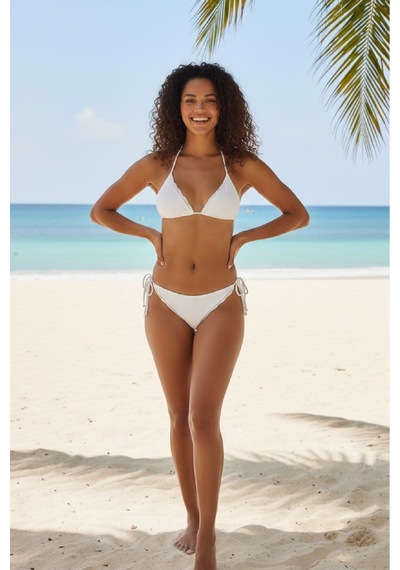 Modadua Kadın Beyaz Pedli Bel Ve Boyundan Bağlamalı Dantelli Şık Bikini Takımı