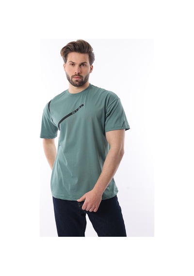 Madmext Yeşil Bisiklet Yaka Şerit Detaylı Pamuklu Erkek T-shirt E7033 Yeşil