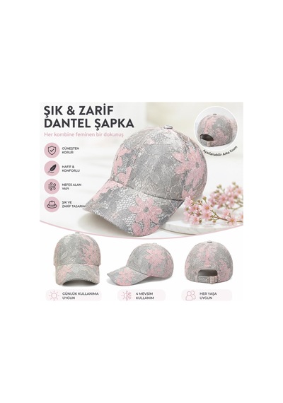 Valkyrie Kadın Dantel Desenli Şapka Çiçek Desenli Baseball Cap Ayarlanabilir Güneş Koruyucu Şapka Pembe